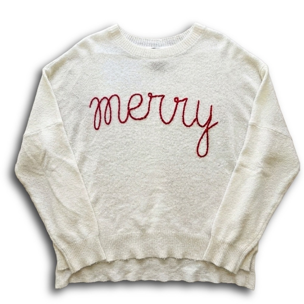 Show Me Your Mumu Merry Sweater XXL Cream Red Embroidered Holiday Boucle Knit